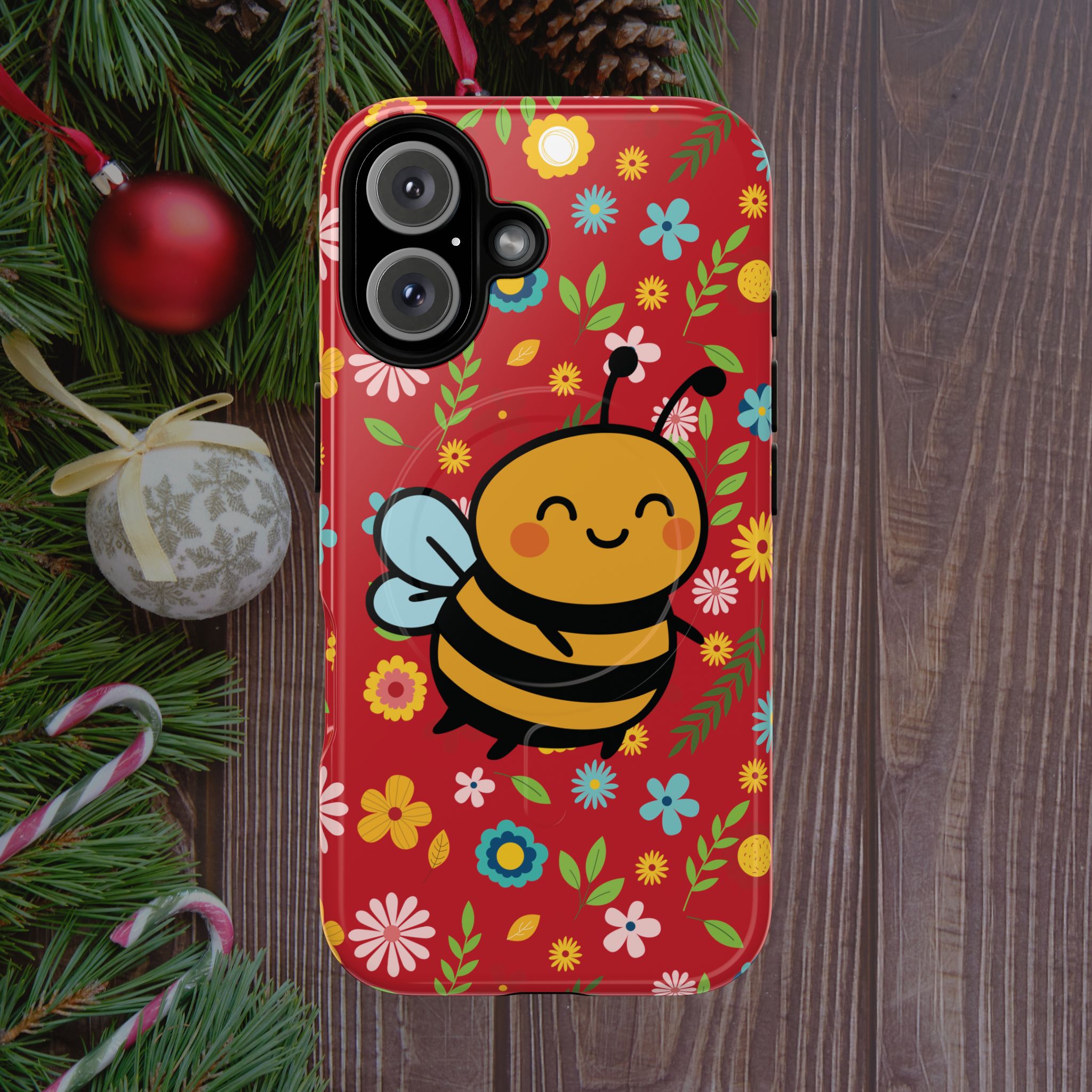 Buzzy Bee iPhone Case: Red Floral Magnetic, Tough, Shockproof