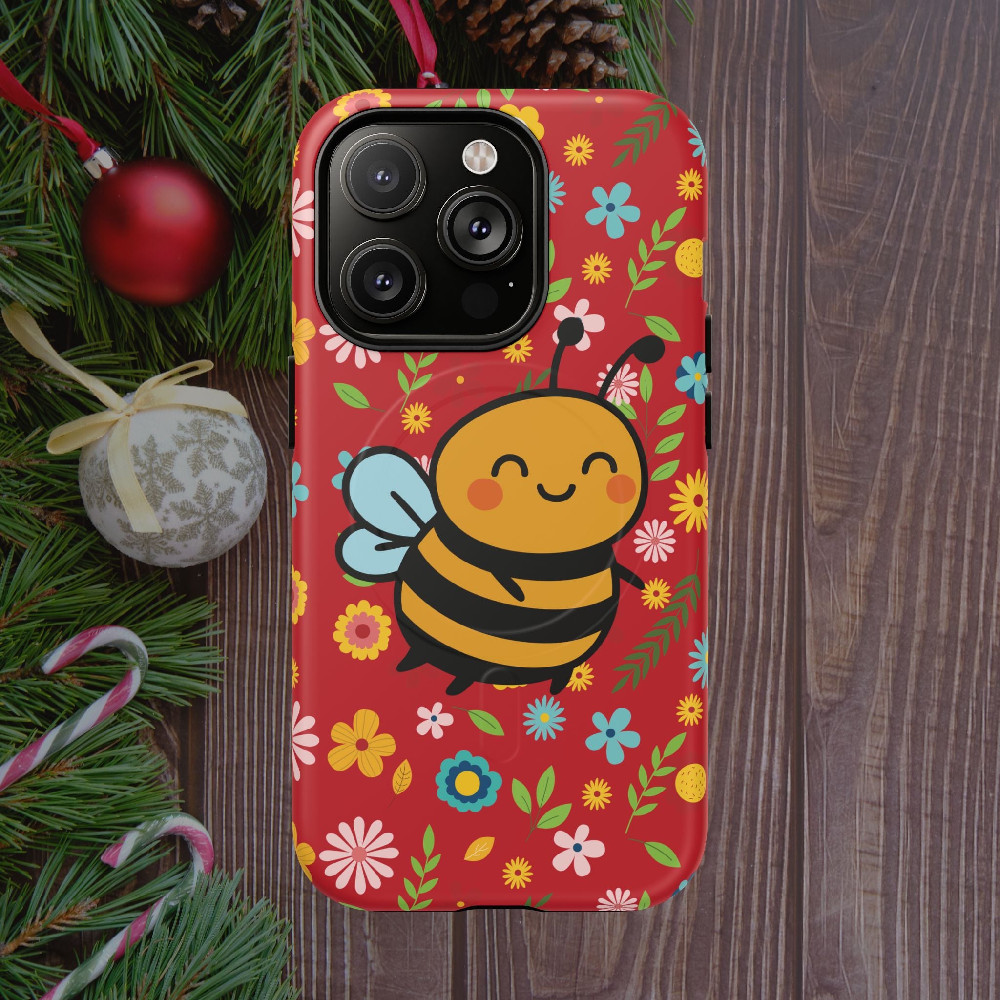 Buzzy Bee iPhone Case: Red Floral Magnetic, Tough, Shockproof