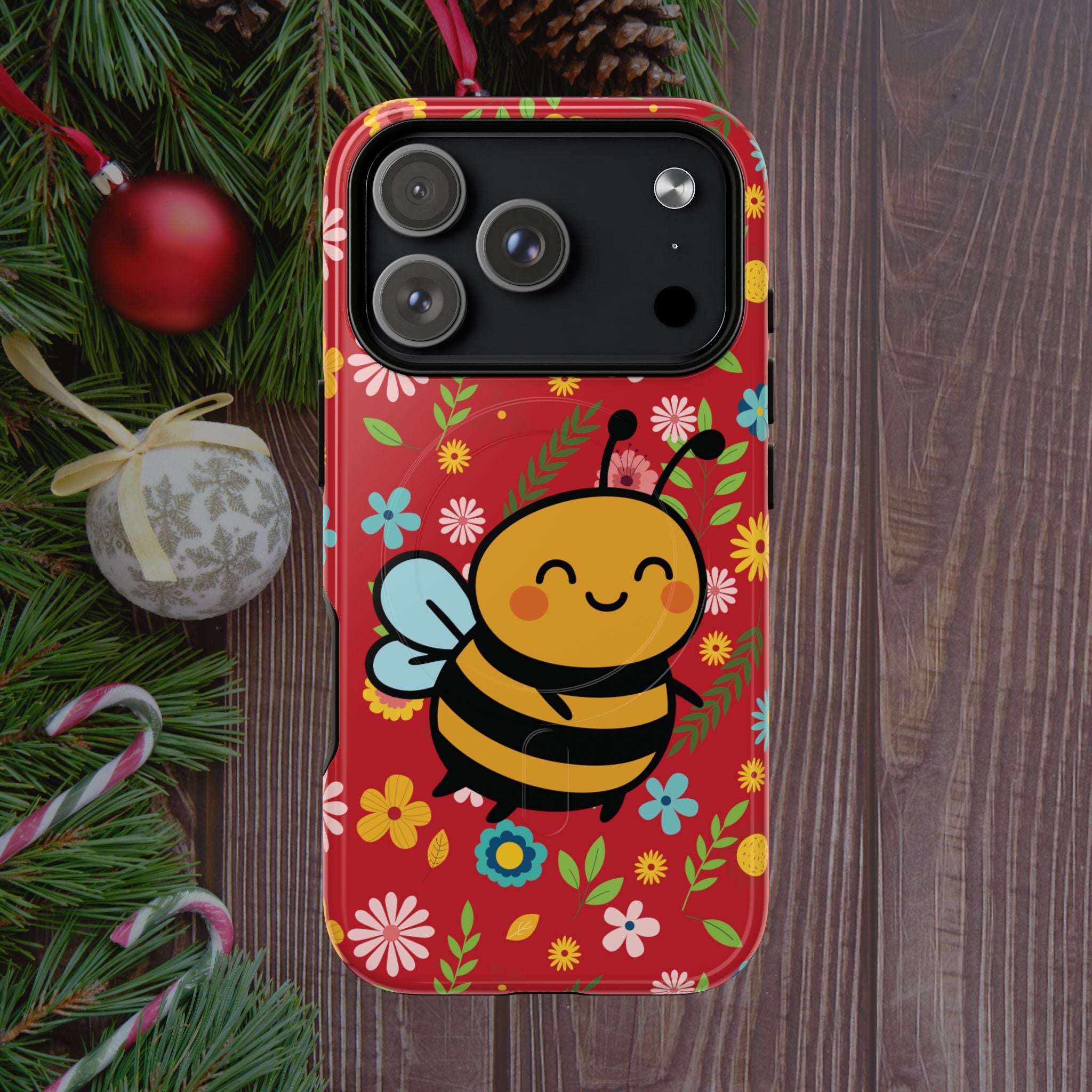 Buzzy Bee iPhone Case: Red Floral Magnetic, Tough, Shockproof