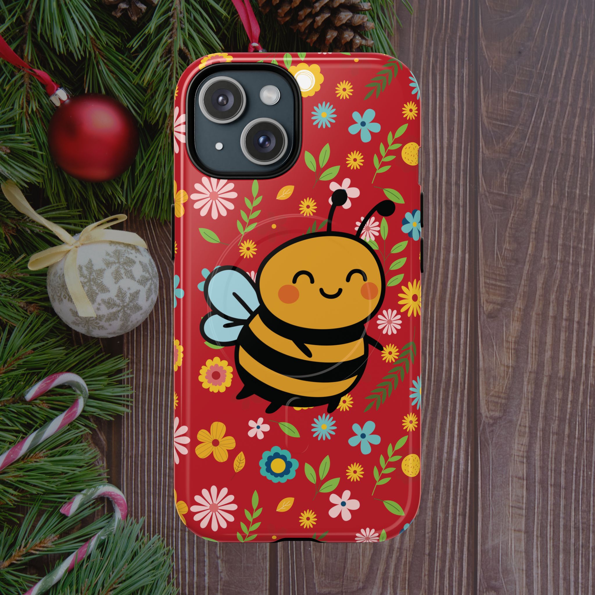 Buzzy Bee iPhone Case: Red Floral Magnetic, Tough, Shockproof