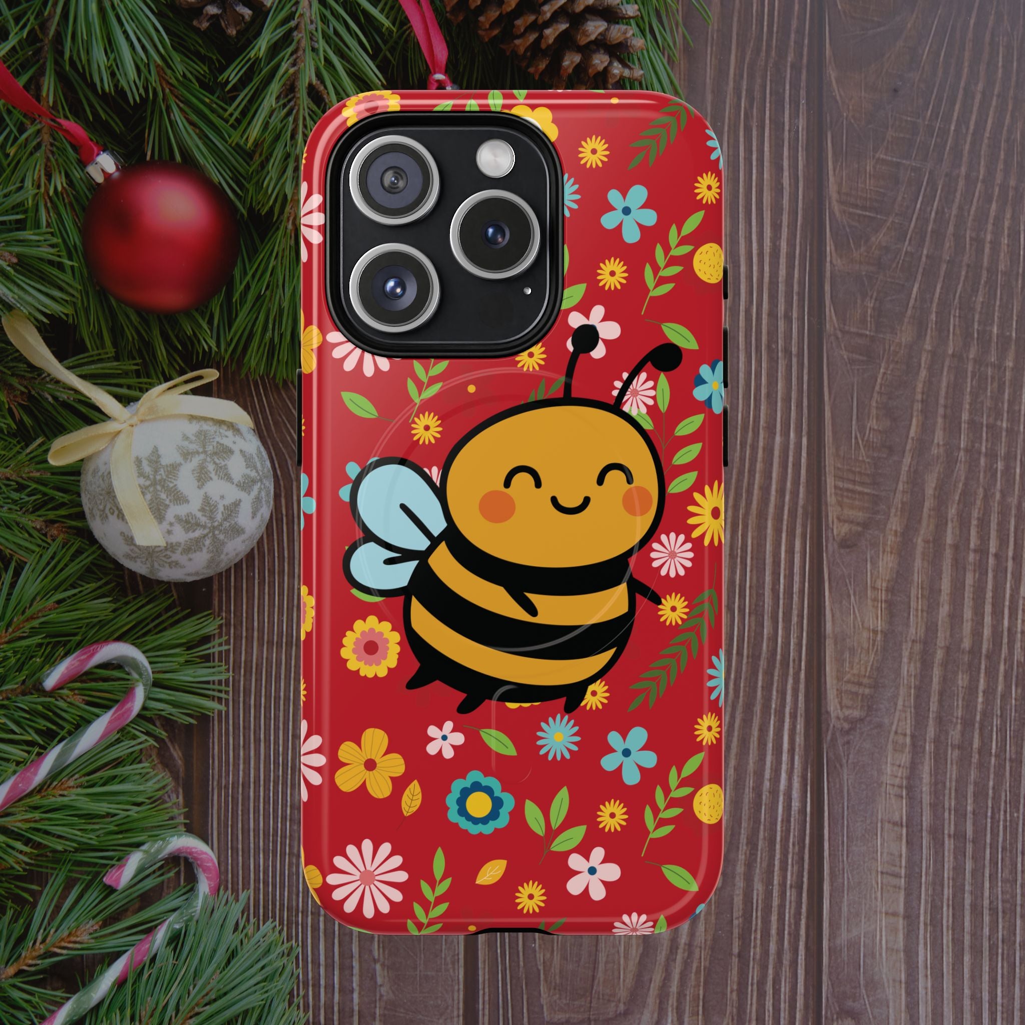 Buzzy Bee iPhone Case: Red Floral Magnetic, Tough, Shockproof