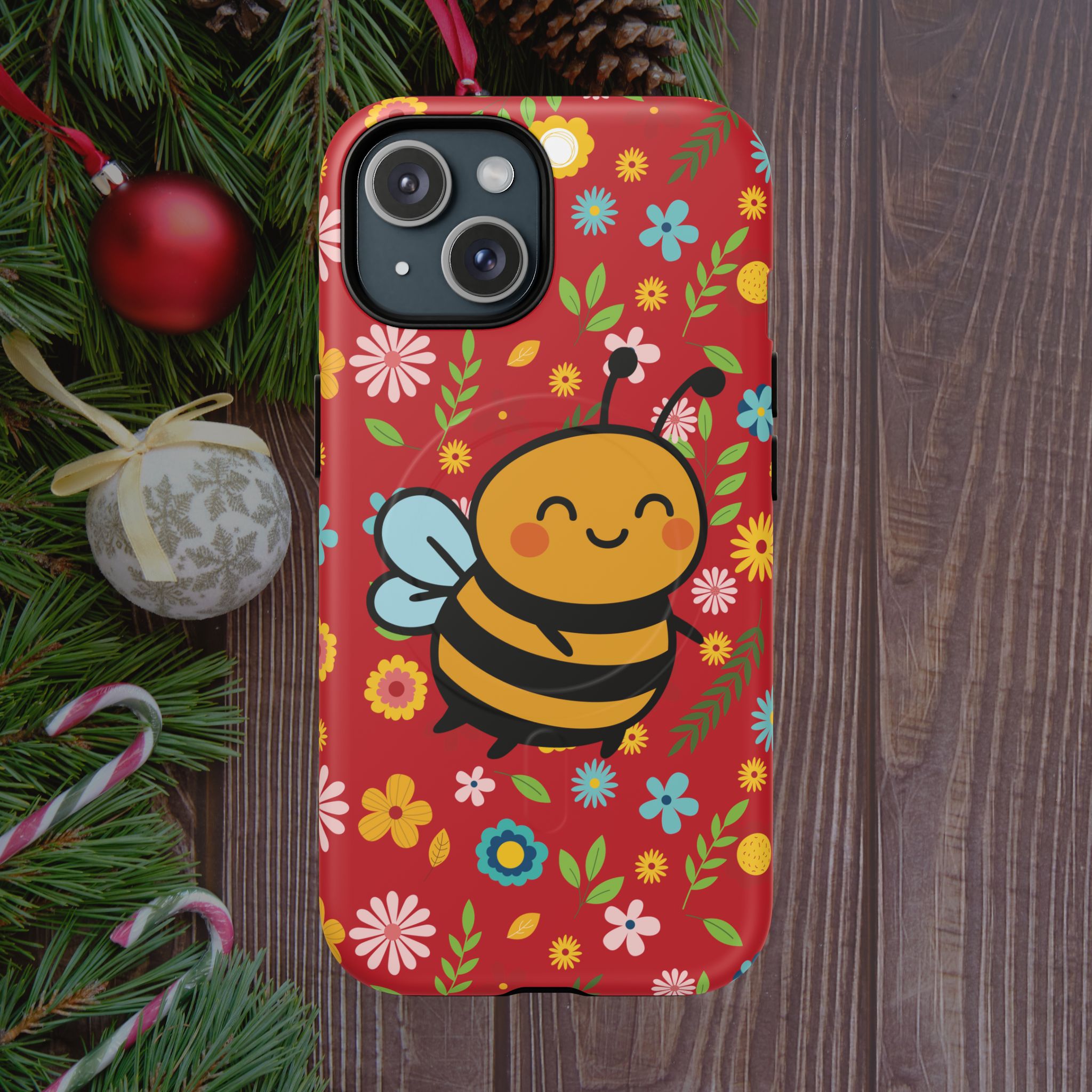 Buzzy Bee iPhone Case: Red Floral Magnetic, Tough, Shockproof