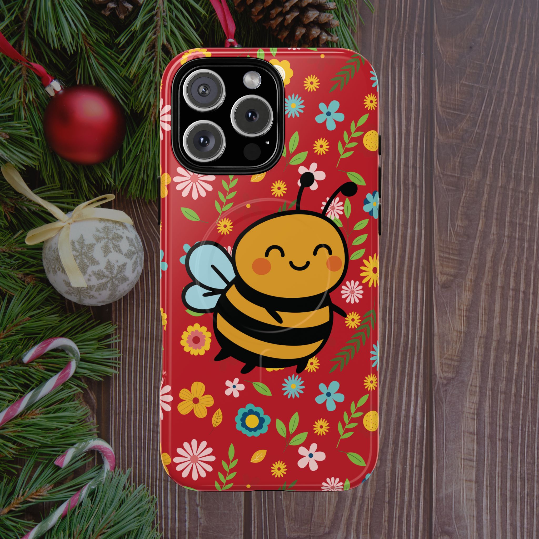 Buzzy Bee iPhone Case: Red Floral Magnetic, Tough, Shockproof