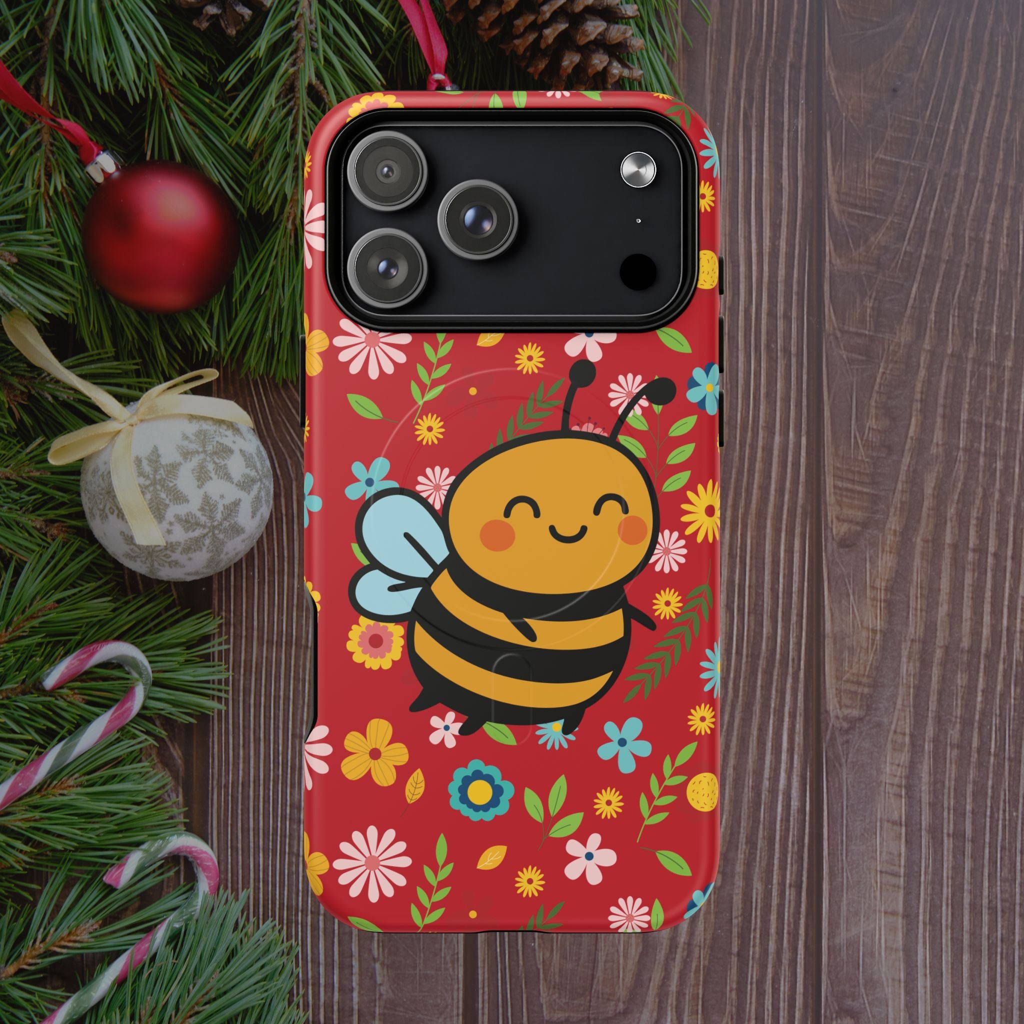 Buzzy Bee iPhone Case: Red Floral Magnetic, Tough, Shockproof