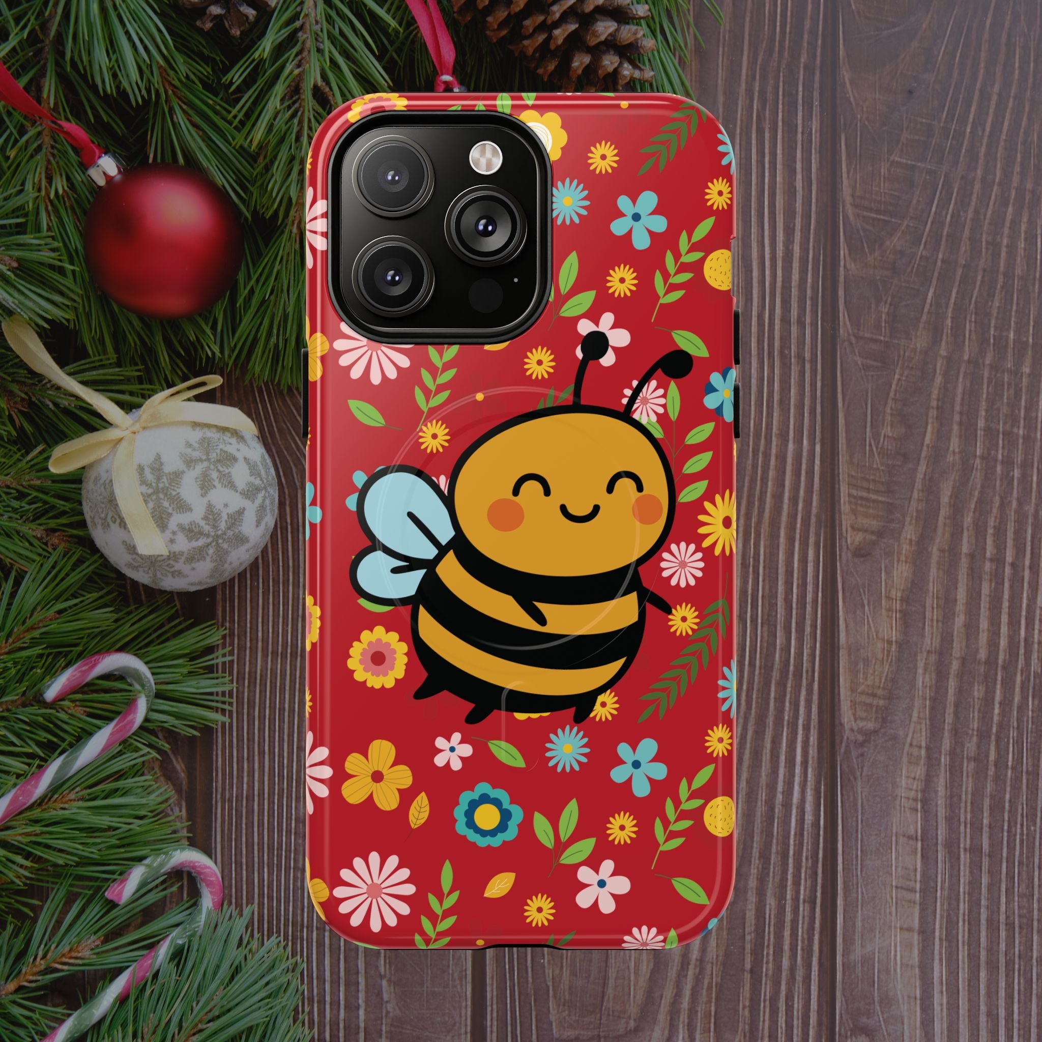 Buzzy Bee iPhone Case: Red Floral Magnetic, Tough, Shockproof