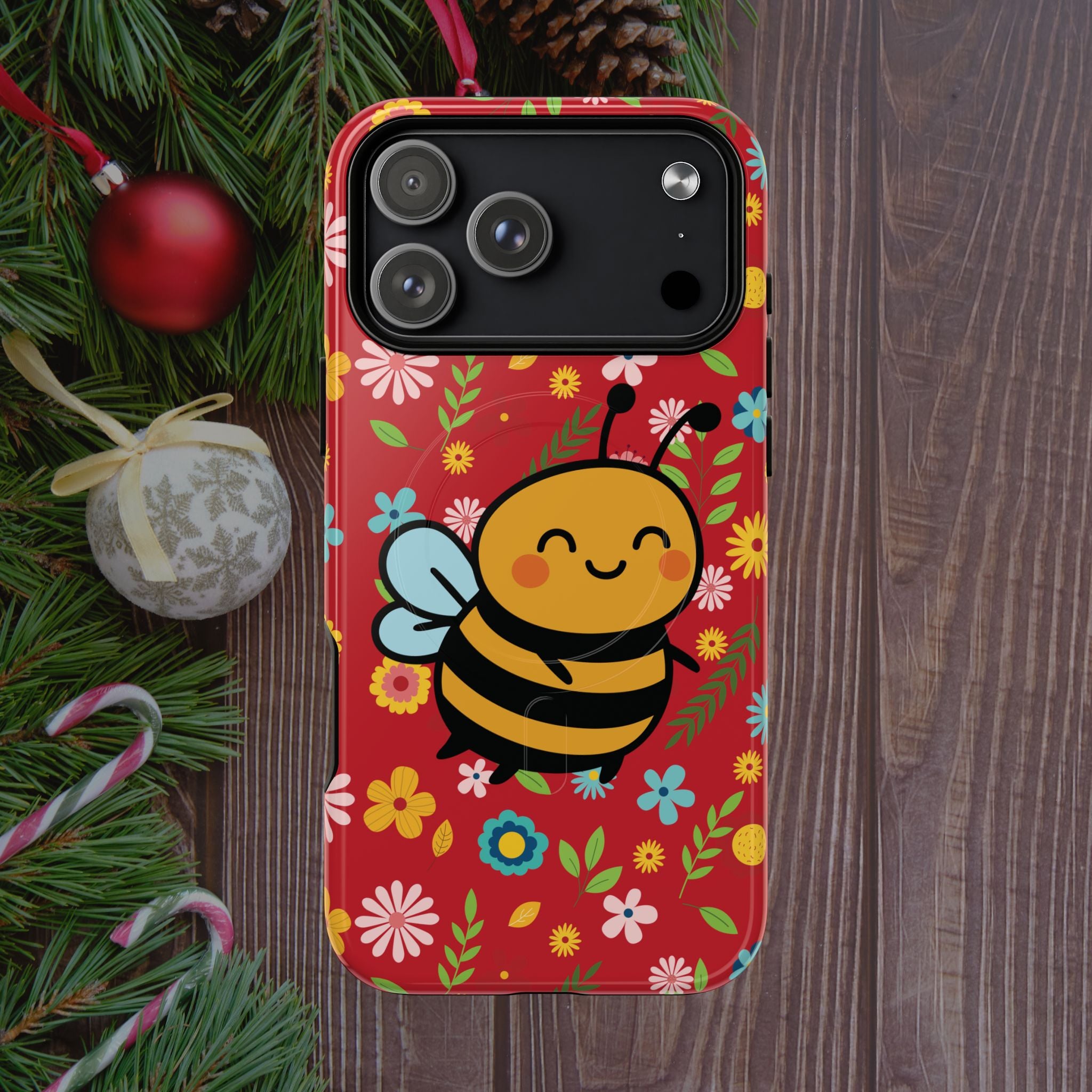 Buzzy Bee iPhone Case: Red Floral Magnetic, Tough, Shockproof