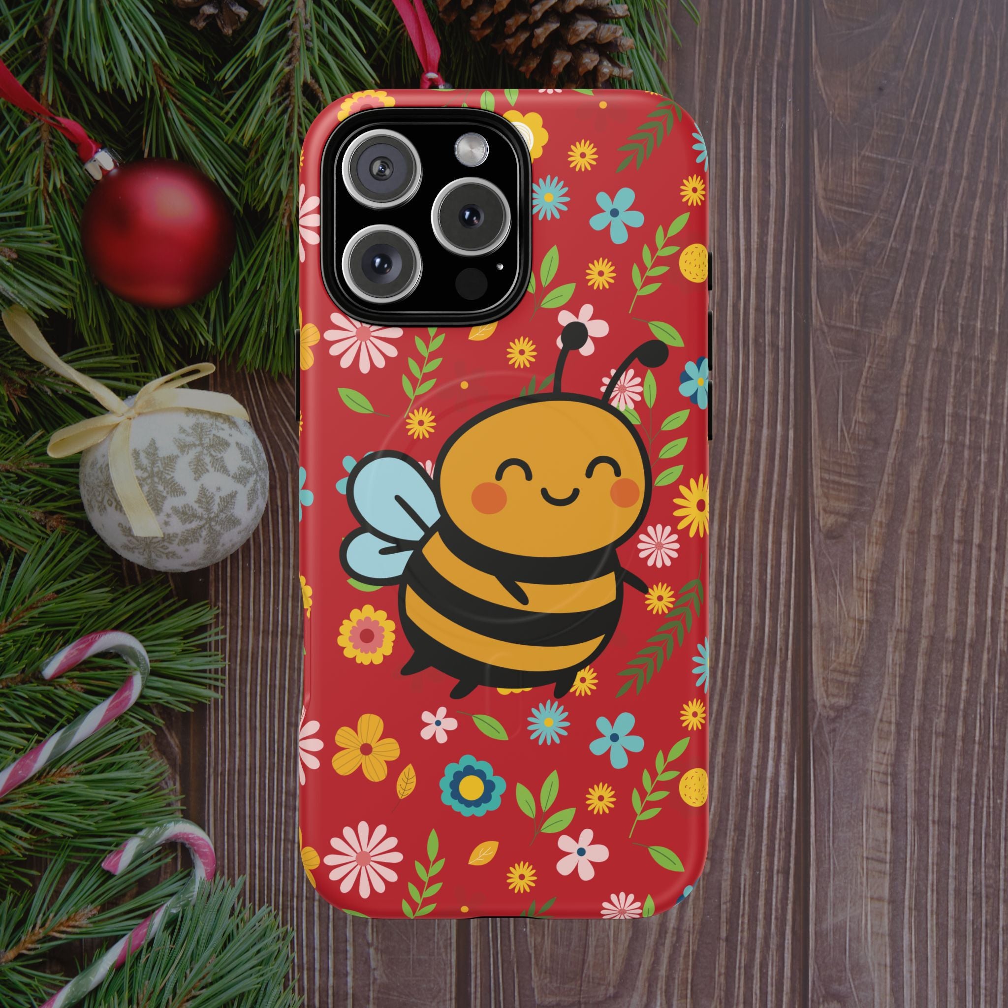 Buzzy Bee iPhone Case: Red Floral Magnetic, Tough, Shockproof