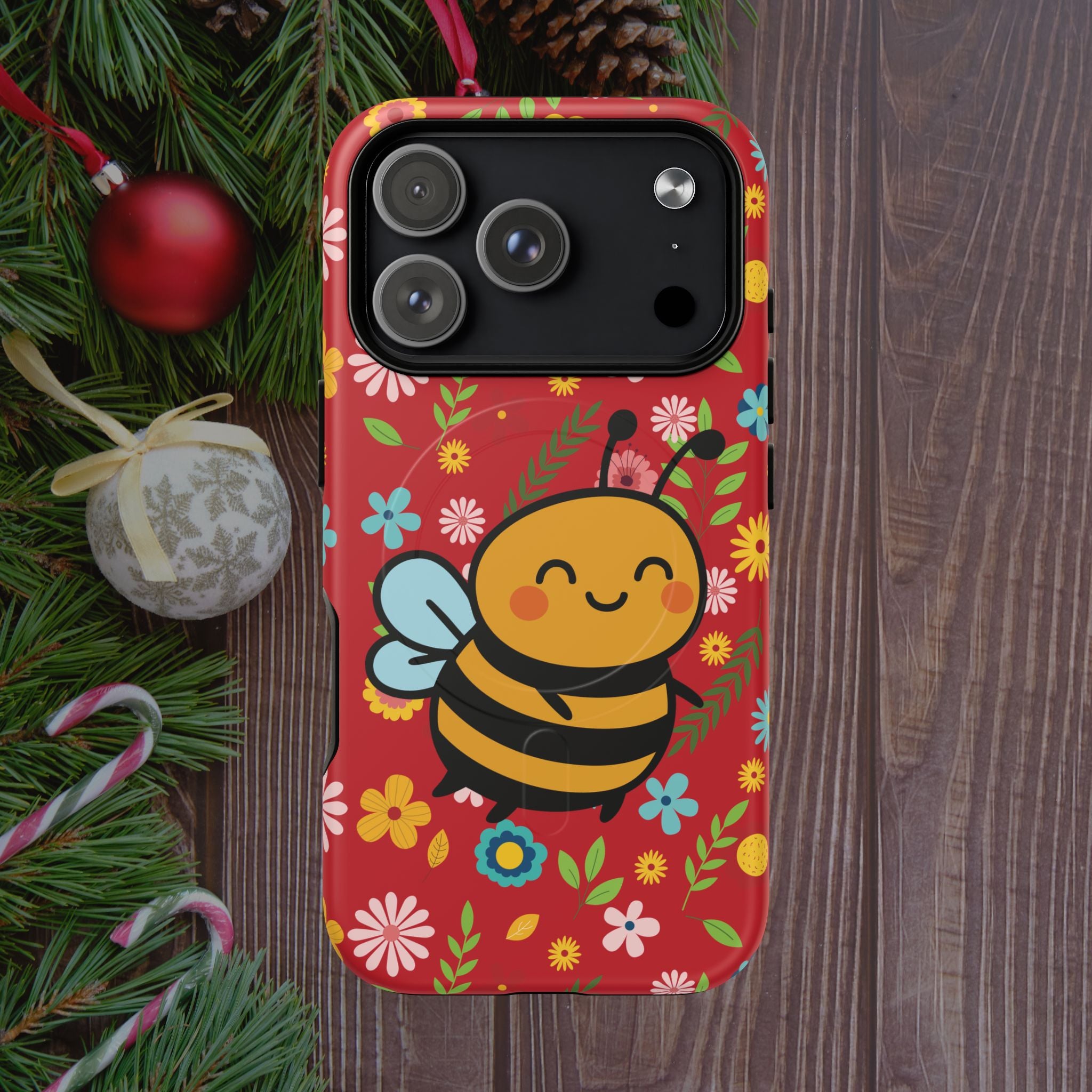 Buzzy Bee iPhone Case: Red Floral Magnetic, Tough, Shockproof