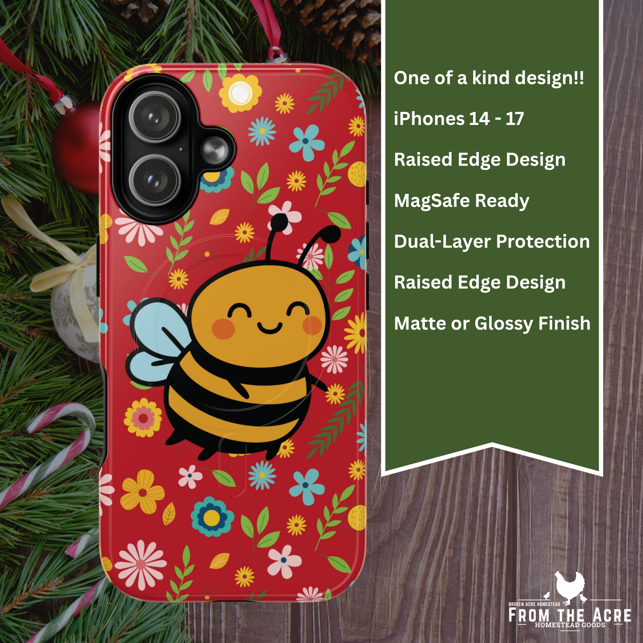 Buzzy Bee iPhone Case: Red Floral Magnetic, Tough, Shockproof