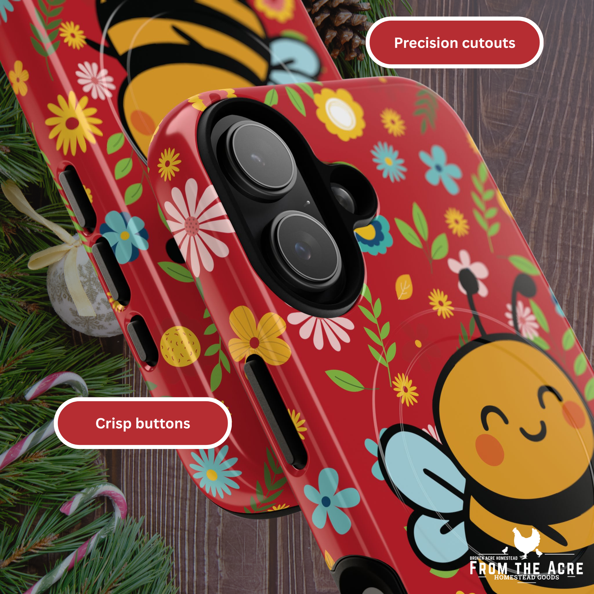 Buzzy Bee iPhone Case: Red Floral Magnetic, Tough, Shockproof