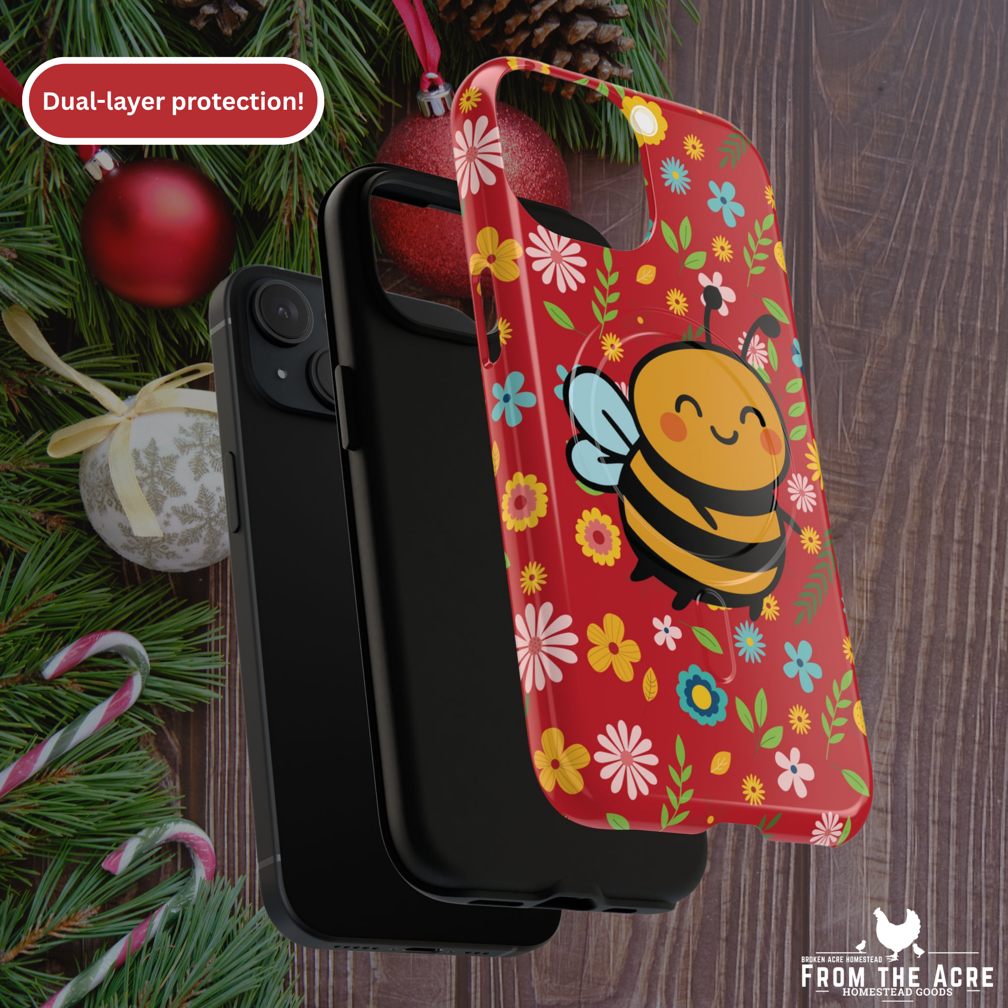 Buzzy Bee iPhone Case: Red Floral Magnetic, Tough, Shockproof