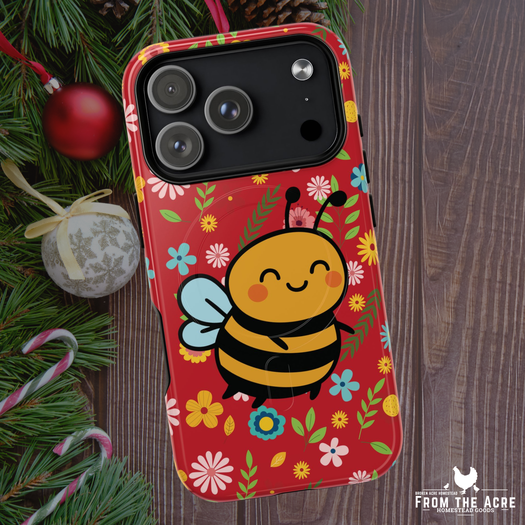 Buzzy Bee iPhone Case: Red Floral Magnetic, Tough, Shockproof
