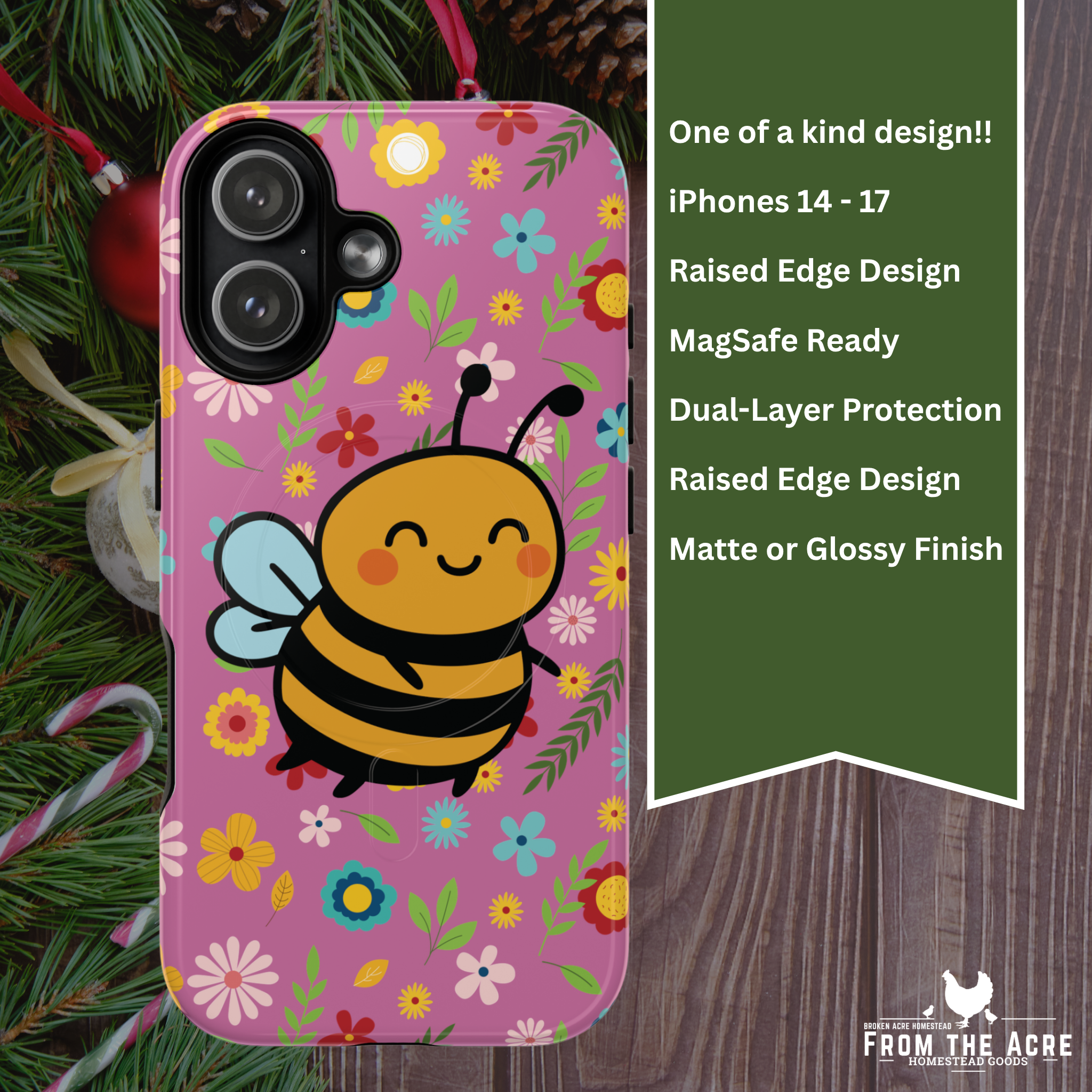 Buzzy Bee iPhone Case: Pink Floral Magnetic, Tough, Shockproof