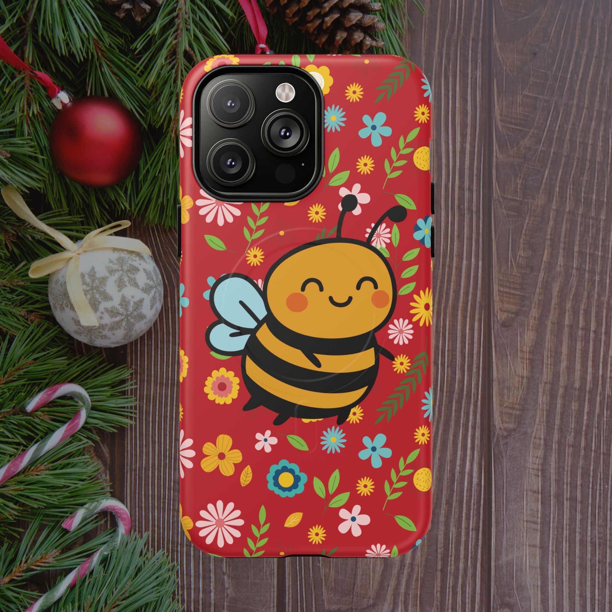 Buzzy Bee iPhone Case: Red Floral Magnetic, Tough, Shockproof