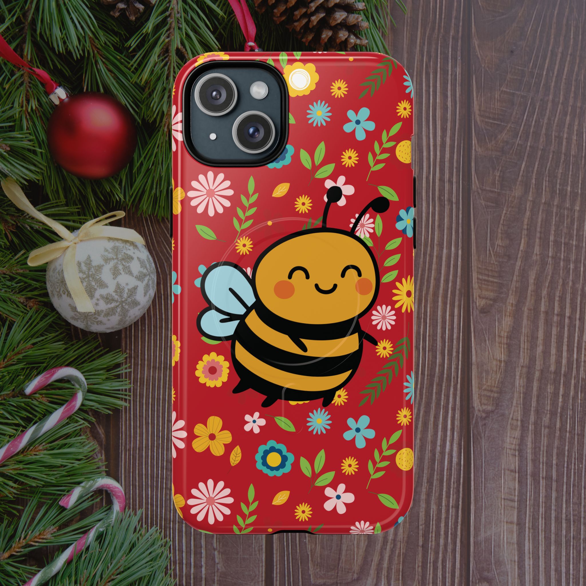 Buzzy Bee iPhone Case: Red Floral Magnetic, Tough, Shockproof