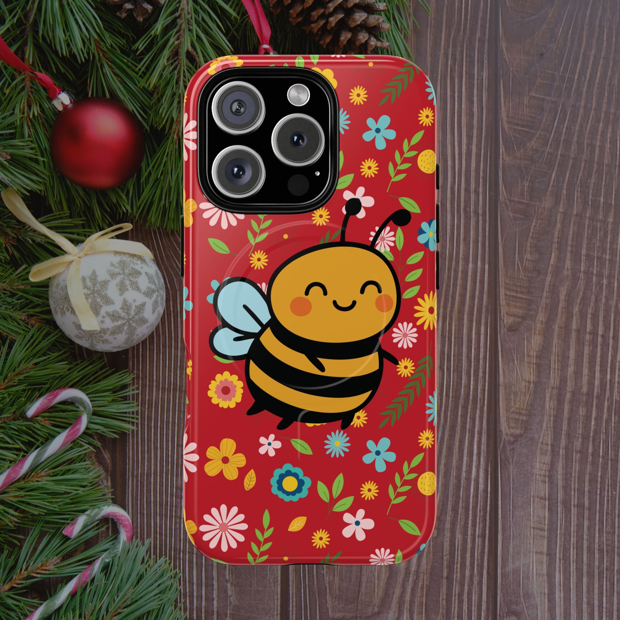 Buzzy Bee iPhone Case: Red Floral Magnetic, Tough, Shockproof