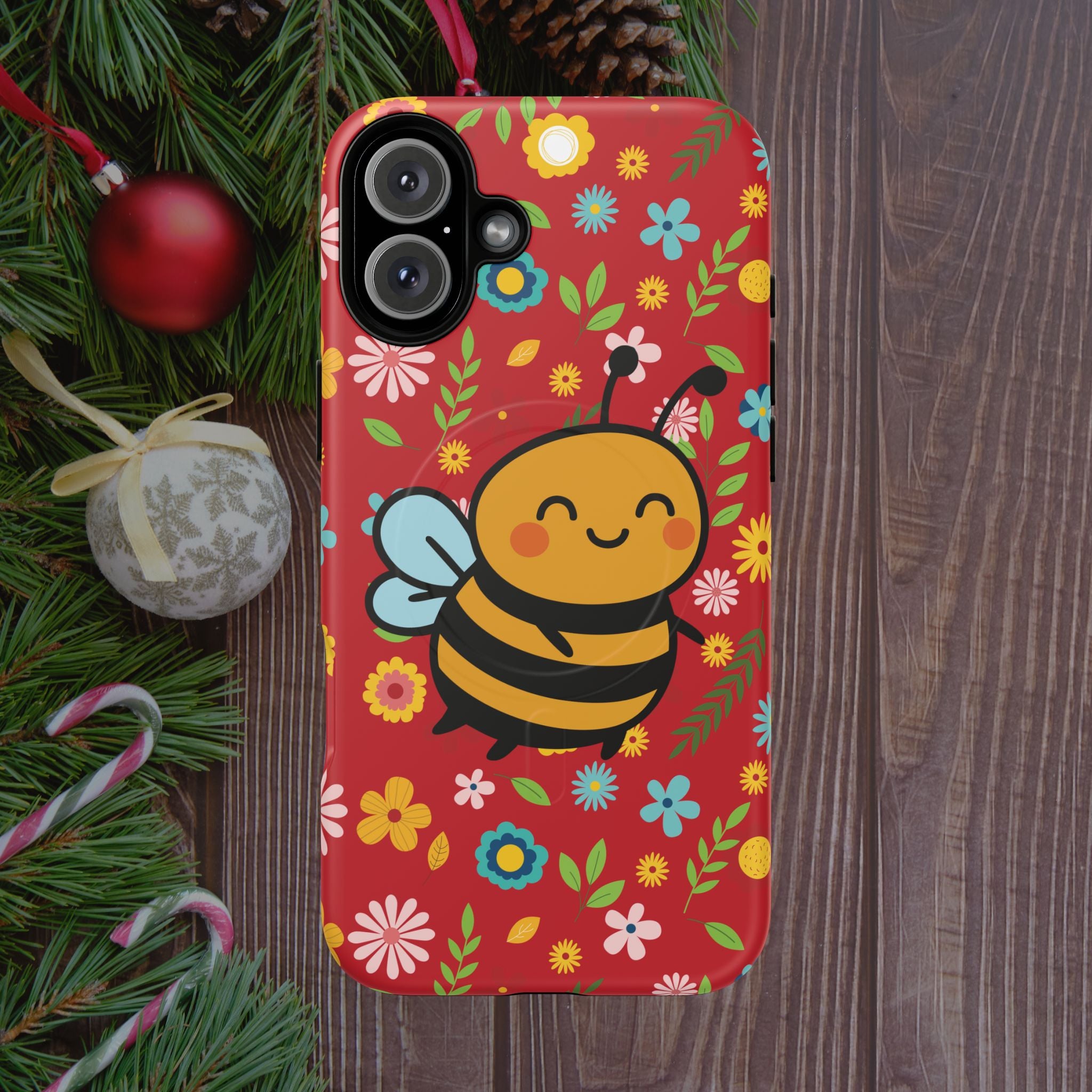 Buzzy Bee iPhone Case: Red Floral Magnetic, Tough, Shockproof