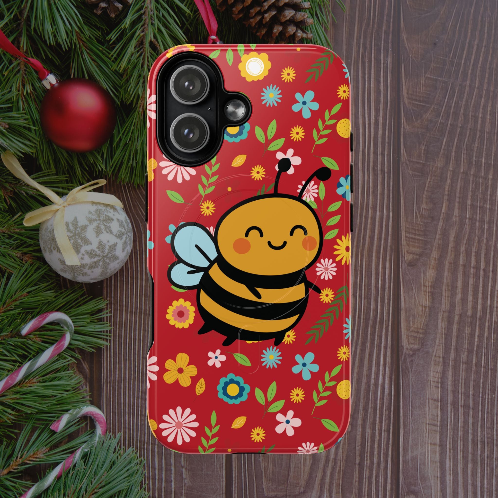 Buzzy Bee iPhone Case: Red Floral Magnetic, Tough, Shockproof