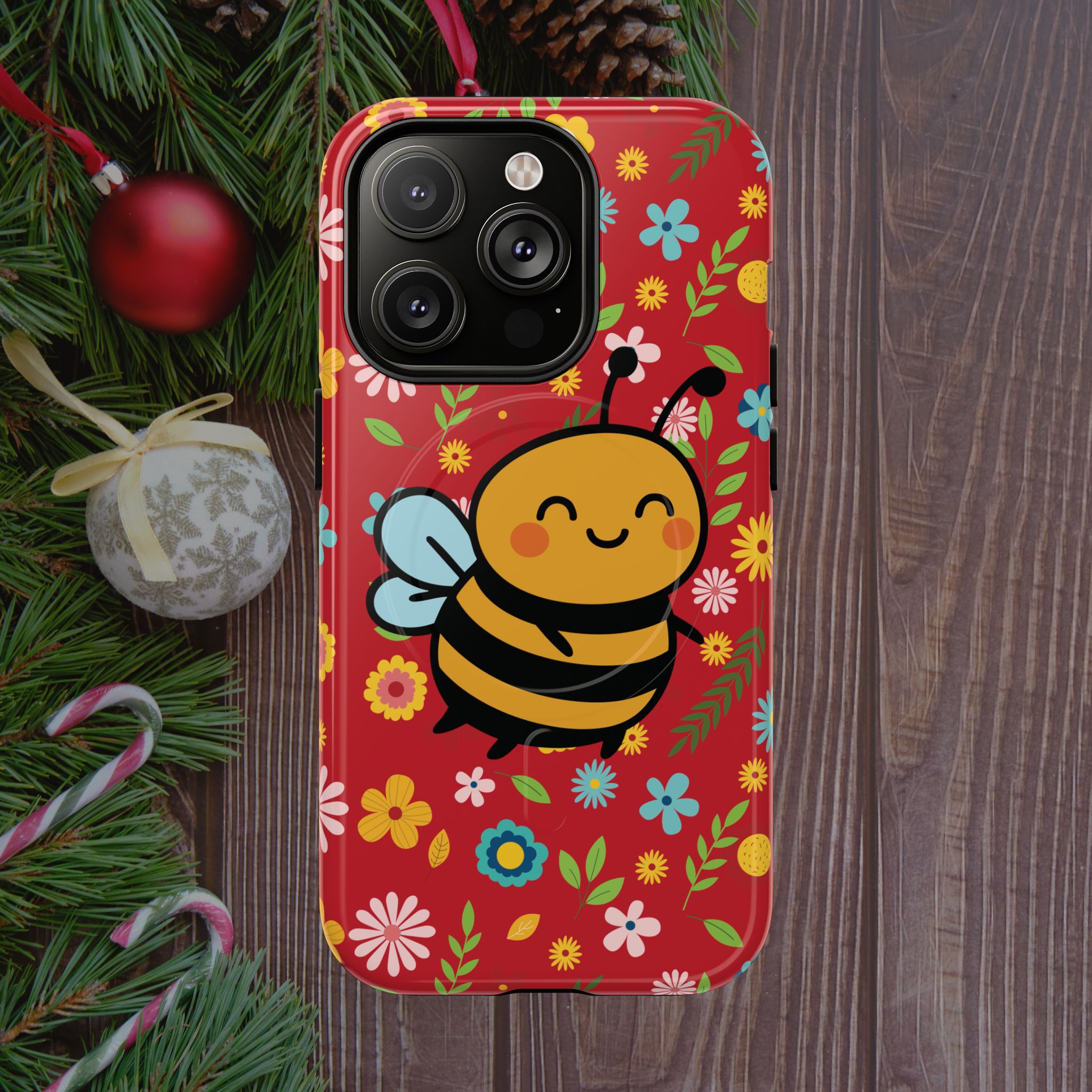 Buzzy Bee iPhone Case: Red Floral Magnetic, Tough, Shockproof