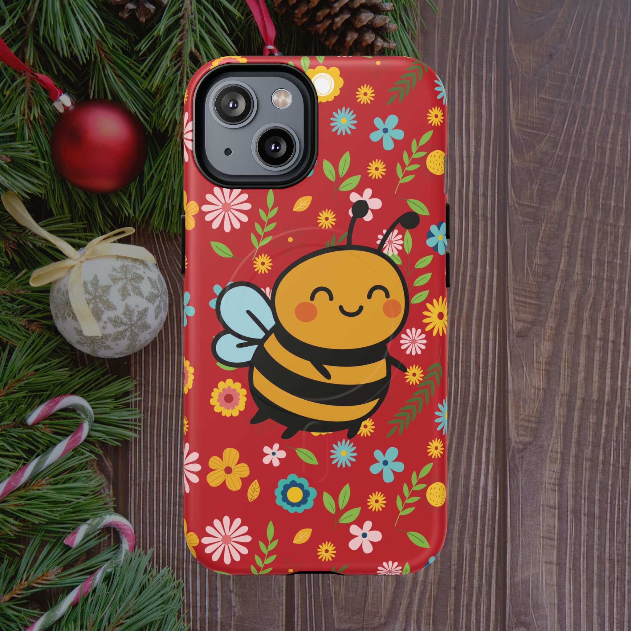 Buzzy Bee iPhone Case: Red Floral Magnetic, Tough, Shockproof