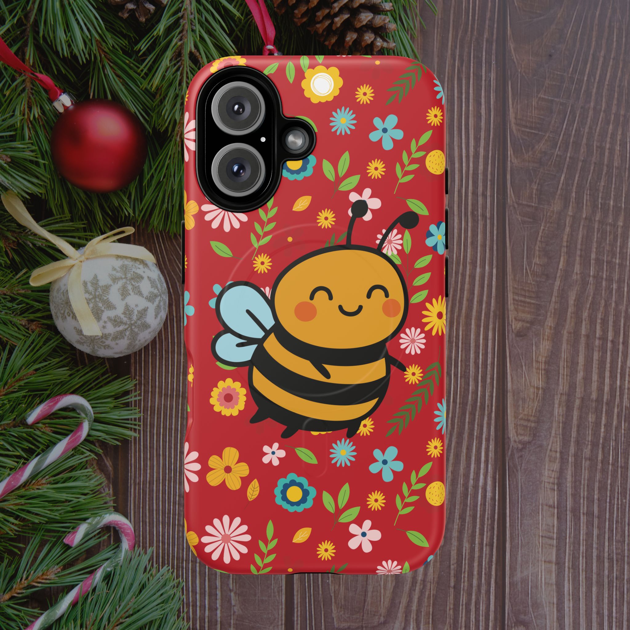 Buzzy Bee iPhone Case: Red Floral Magnetic, Tough, Shockproof