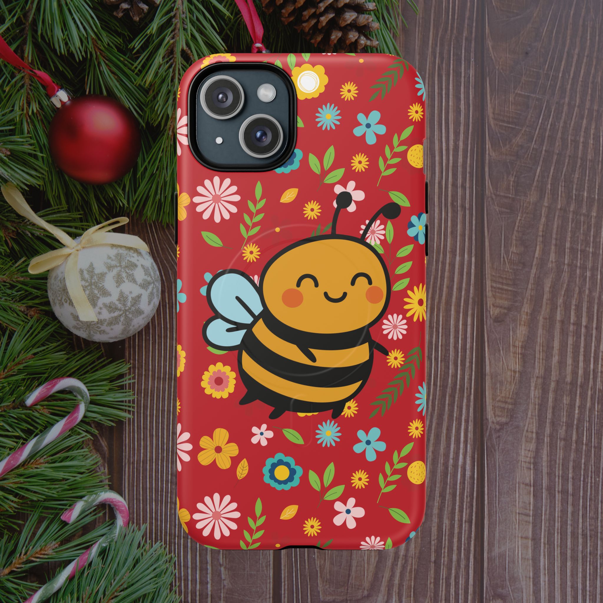 Buzzy Bee iPhone Case: Red Floral Magnetic, Tough, Shockproof