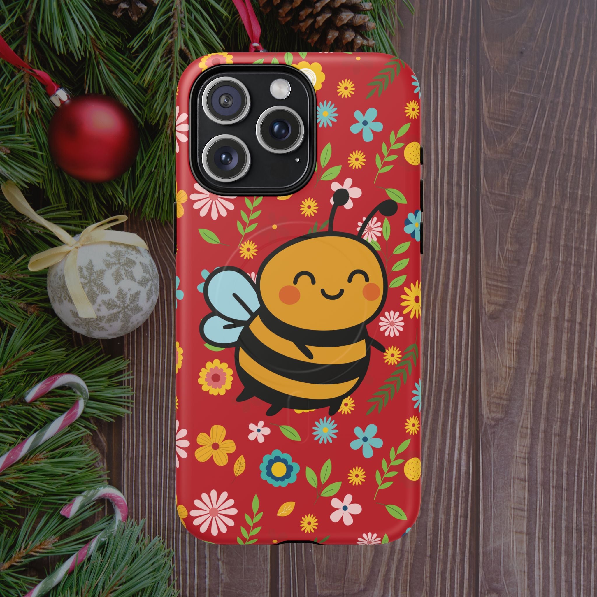 Buzzy Bee iPhone Case: Red Floral Magnetic, Tough, Shockproof