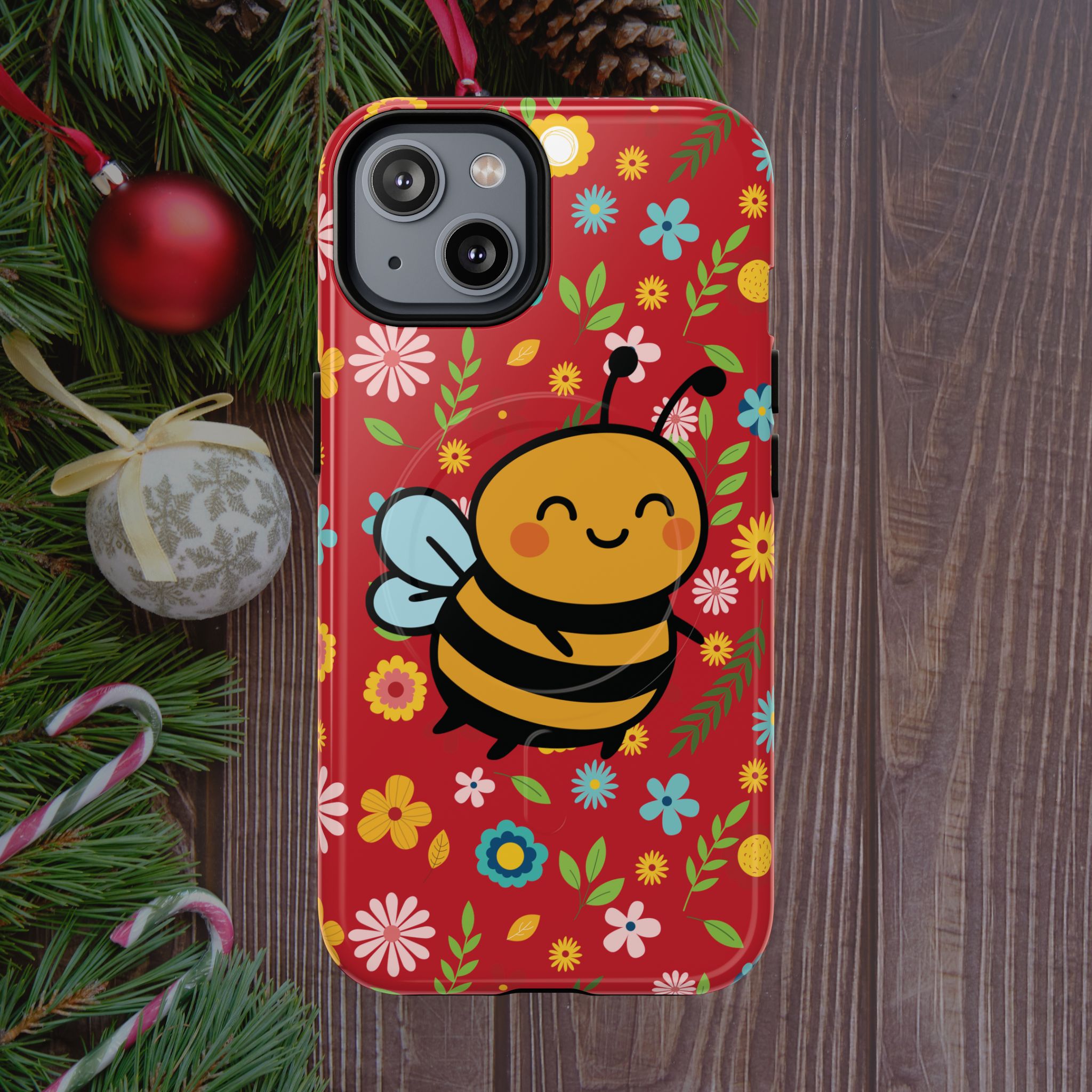 Buzzy Bee iPhone Case: Red Floral Magnetic, Tough, Shockproof