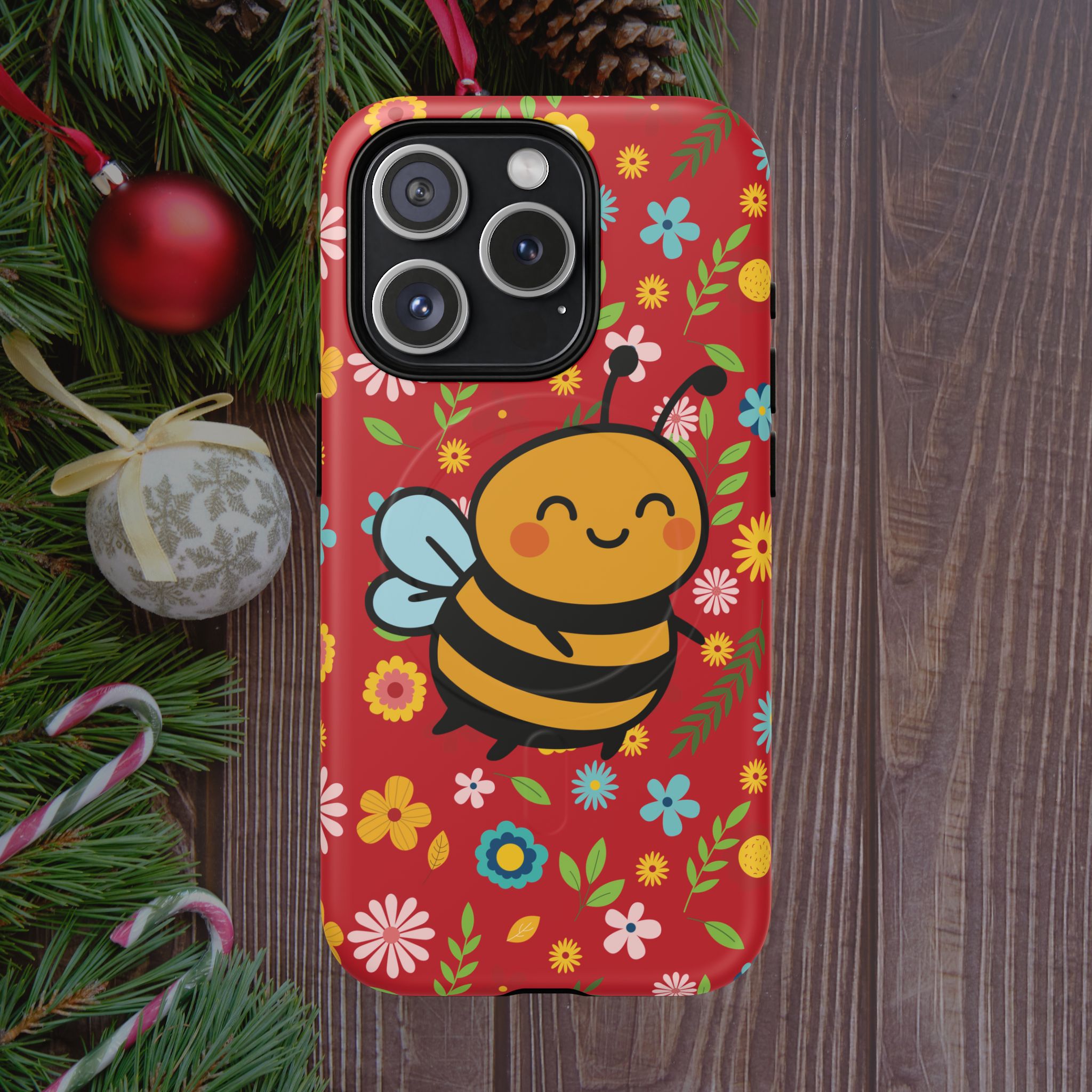 Buzzy Bee iPhone Case: Red Floral Magnetic, Tough, Shockproof