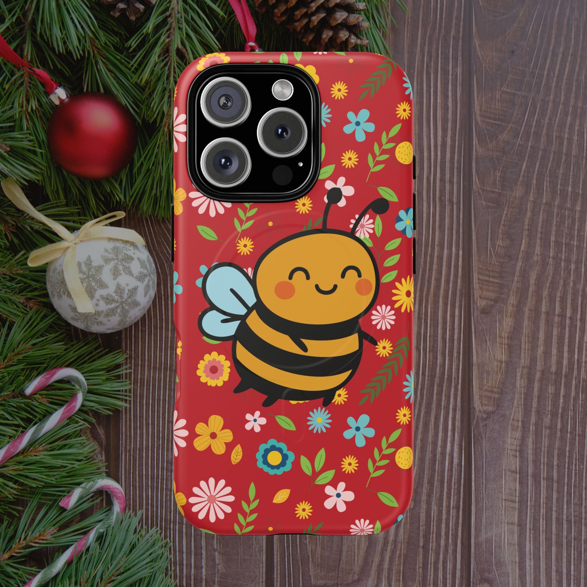 Buzzy Bee iPhone Case: Red Floral Magnetic, Tough, Shockproof