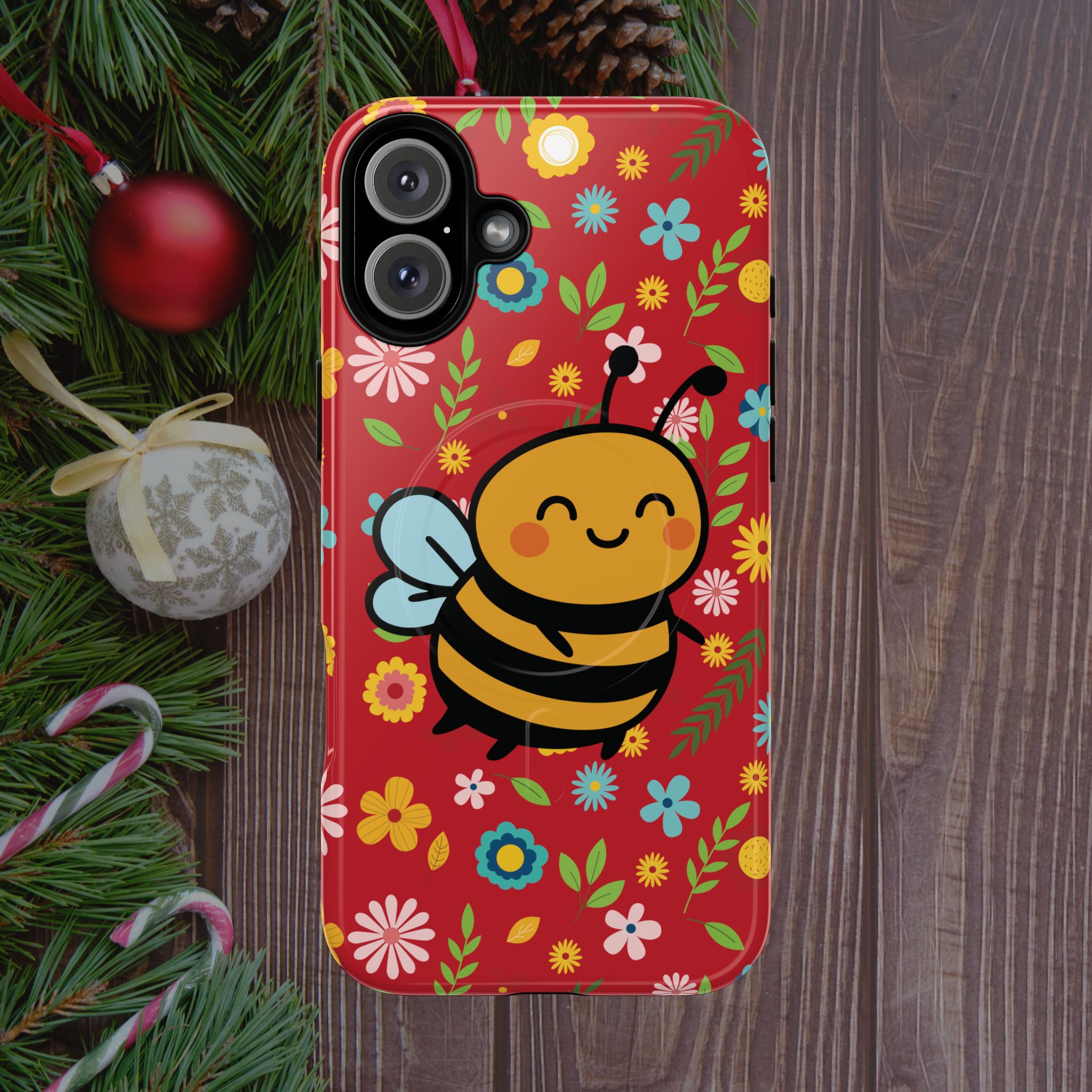 Buzzy Bee iPhone Case: Red Floral Magnetic, Tough, Shockproof