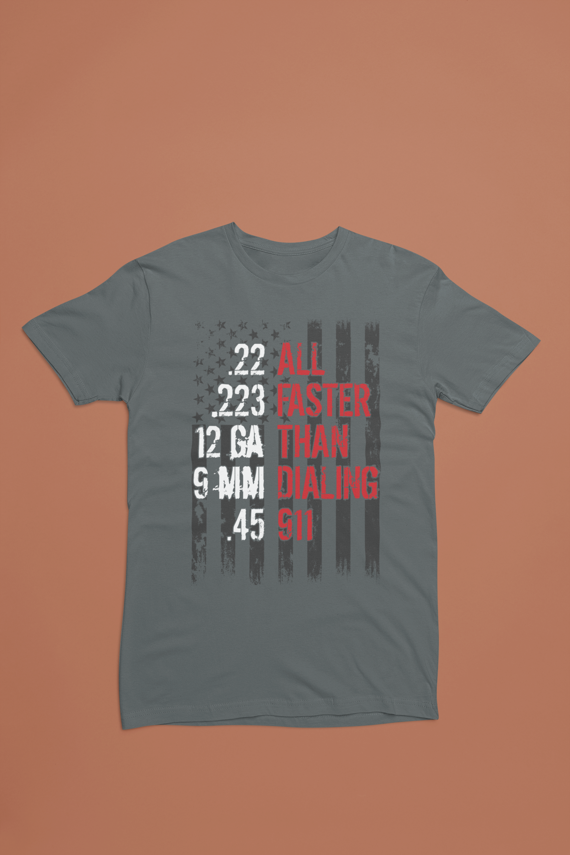 All Faster Than Dialing 911 Tee – Pro 2A Distressed Flag Shirt